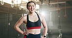 Gym, face and happy woman with positive attitude, mindset and laughing after training routine. Portrait, smile and lady athlete at sports center confident, ready and enjoy fitness or health lifestyle