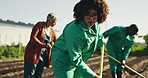 Soil, agriculture and team of workers on farm gardening for vegetables, produce harvest and crops. Agro business, sustainability and men and women in countryside for planting, plow earth and farming