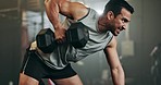 Asian man, dumbbell and weightlifting in fitness, workout or arm exercise on bench at indoor gym. Serious male person, bodybuilder or athlete lifting weight for intense training, strength and muscle