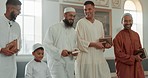 Islam, smile and group of men in mosque with child, mindfulness and gratitude in faith. Worship, religion and Muslim people together in holy temple for conversation, spiritual teaching and community.