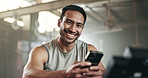 Happy asian man, phone and fitness in social media, communication or networking at gym. Portrait of active male person smile for online texting or chatting on mobile smartphone at indoor health club