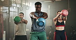 People, fitness and weightlifting with kettlebell at gym in workout class, exercise or training together. Personal trainer with active group in muscle sports or lose weight at indoor health club