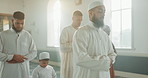 Islam, people and praying together in mosque for religion, Friday or Ramadan in holy temple. Muslim group and leader with belief or culture, Eid Mubarak and hands raised for praise to Allah