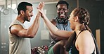 Happy man, friends and high five in team fitness or workout in exercise, motivation or gym together. People touching hands in success for sports training, healthy wellness or group in body goals
