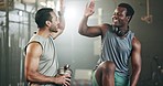 Happy man, friends and high five in fitness, teamwork or workout in exercise, motivation or gym together. People touching hands in success for sports training, healthy wellness or team in body goals