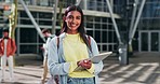 Face, woman and smile of student at university for education, learning or knowledge at campus building. Portrait, college or happy young indian girl studying at academy outdoor for scholarship degree