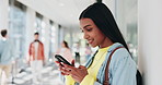 Phone, search and student with woman at college for education, social media and communication. Learning, mobile app and technology with person on university campus for school, contact and networking