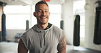 Happy, face and man at the gym for fitness, workout or training in the morning. Smile, sports and portrait of young strong athlete or person at a club for cardio, exercise or wellness while laughing