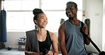 Talking, couple and walking at the gym for fitness, sports conversation or start of a workout. Happy, morning and a black man with a woman and speaking at a club for exercise, wellness or training
