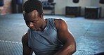 Fitness, gym and black man on floor with medicine ball for core training, exercise and workout on yoga mat. Sports, Russian twist and person for equipment for wellness, performance or muscle strength