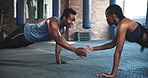 Pushups, support and a black couple with fitness at the gym for teamwork, workout or training challenge. Happy, together and an African man and woman with cardio or sports for muscle on the floor