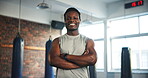 Gym, arms crossed or black man happy for exercise, training or personal trainer workout, boxing studio or challenge. Coach portrait, happiness or African bodybuilder smile for muscle building fitness