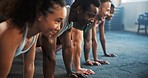 Gym people, push up and class doing exercise, arm muscle building or fitness club for bodybuilding. Community, body builder group and athlete strength training, challenge or strong team workout