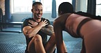 Coach support, sit up and man doing exercise, core muscle building or fitness club for bodybuilding on floor. Personal trainer, athlete friends and coaching training, challenge or partner workout