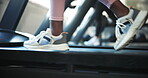 Fitness, shoes and a person walking on a treadmill for cardio training at gym for health or wellness. Exercise, feet and athlete in a sports center to workout with speed for a marathon or challenge