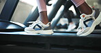 Exercise, shoes and a person walking on a treadmill for cardio training at gym for health or wellness. Fitness, feet and athlete in a sports center to workout with speed for a marathon or challenge