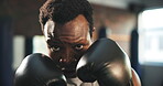 Sports face, black man or boxer punch training, fighting or gym exercise, fitness or practice Muay Thai for MMA fight. Portrait, intense cardio or determined African fighter in boxing power challenge