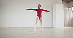 Woman, ballet and dancer spinning around in studio on point feet for creative dancing performance. Talent, person and artist at academy or theatre for fitness training, workout and competition