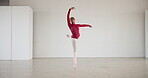 Black woman, ballerina and dance performance to spin in training studio. Ballet, creative art and African person moving exercise, workout twirl or fitness for wellness of healthy body on mockup space