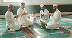 Muslim, praying and men with child in Mosque for spiritual religion together as family to worship Allah in Ramadan. Islamic, Arabic and holy people with peace or respect for gratitude, trust and hope