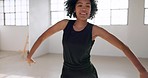 Dance, smile and performance with a black woman in a theatre studio for art or creative freedom. Fitness, training or energy with a young dancer listening to music for recital in an artistic workshop