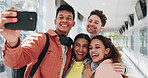 Group, selfie and diversity of students on campus at a university or college take picture to share on social media. Diversity, happy and young people bonding for memory on mobile app photography