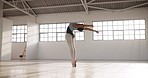 Flexibility, ballet and art with woman in studio for performance, theater and creative academy Health, music and freedom with elegant ballerina training for wellness, practice routine and balance