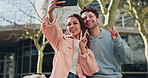 Selfie, peace sign and a couple at college posing for a picture together as a memory on university campus. Love, education or photography with a man and woman student laughing for study or growth