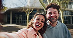 Selfie, funny and peace sign with a couple on campus for a picture together as a memory of college or university. Education, smile or funny with a man and woman student outdoor for photography