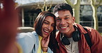 Selfie, peace sign and wink with a funny face couple on campus posing for a picture together as a memory of university. Portrait, smile for photography with a man and woman student outdoor at college