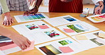 Marketing, documents and team hands for collaboration, brand development and color palette in graphic design business. Meeting, teamwork and creative group of women brainstorming, planning and ideas