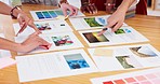 Marketing, documents and team hands for planning, brand development and color palette in graphic design business. Paper, teamwork and creative designer or group of women for brainstorming and ideas