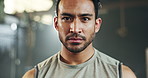 Face, man and breathing in gym for exercise, fitness challenge and endurance for power. Serious portrait, strong asian bodybuilder and sweating for training, workout fatigue and breathe for recovery