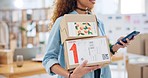 Boxes, startup and closeup of woman with phone for business at a fashion retail boutique. Networking, technology and female entrepreneur with cardboard packages and cellphone for delivery information