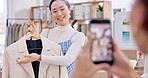 Fashion influencer, phone and Asian woman live streaming clothes, leather jacket design or shooting vlog commercial. Cellphone recording, social media app and Japanese person explain retail product