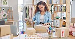 Online order, label check and woman with small business in fashion with delivery and cardboard box. Stock, startup and sales of ecommerce and web boutique at home of a entrepreneur with checklist