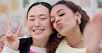 Girl friends, selfie and home with peace sign, kiss or funny face for smile, web blog or post update. Gen z women, photography and memory with icon, emoji or pout for comic portrait on social media