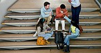 Education, high five and teacher with students in college for results, achievement or success. Learning, support and university with group of people on stairs of campus for scholarship and motivation