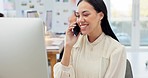 Business woman, phone call and computer for marketing communication, networking and project planning in office. Professional employee, designer or worker talking on mobile for ideas and information