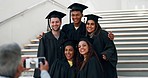 Graduate, friends and photo with award, degree and university group on campus stairs. Outdoor, smile and diversity of happy college students with achievement, graduation and event with picture