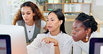 Business women, computer planning and collaboration for marketing ideas, website design and project planning. Designer, people or manager on desktop PC for teamwork, coworking and support or advice