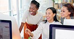 Women, computer planning and happy collaboration for marketing ideas, website editing or business planning. Writer or manager on desktop in online teamwork, coworking and support or funny copywriting