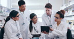 People, scientist and tablet in team meeting, research or project for discovery in science laboratory. Group of medical or healthcare workers in teamwork with technology for scientific breakthrough