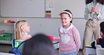 Class, presentation and happy child speaker with applause and cheering in classroom at school. Young kid, education and success of project with a student and teacher with children learning group