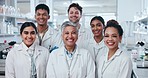 Face, team and happy scientist people in laboratory, research and cooperation. Portrait smile, science group and medical professional doctors, expert worker or employee in collaboration on experiment