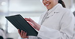 Happy woman, tablet and hands of scientist in medical research, inspection or results at science laboratory. Closeup of female person or healthcare worker smile on technology in data analysis at lab