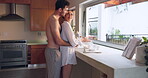 Baking, love or couple hug in kitchen for romance, care or bonding together with an intimate connection. Man, happy woman and romantic people cooking breakfast in the morning at home with trust