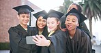 University graduation, education and students selfie of diversity group happy for academy, school or memory photo. Photography, learning friends or young gen z people post picture to social media app