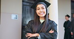 Graduation, arms crossed and face of woman in college for certificate, scholarship and education. Future, achievement and academy with portrait of student at university campus for diploma and success