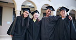 University student graduation, diversity friends and happy for graduate success, academy or knowledge education. College campus solidarity, portrait or group of people smile for school learning study